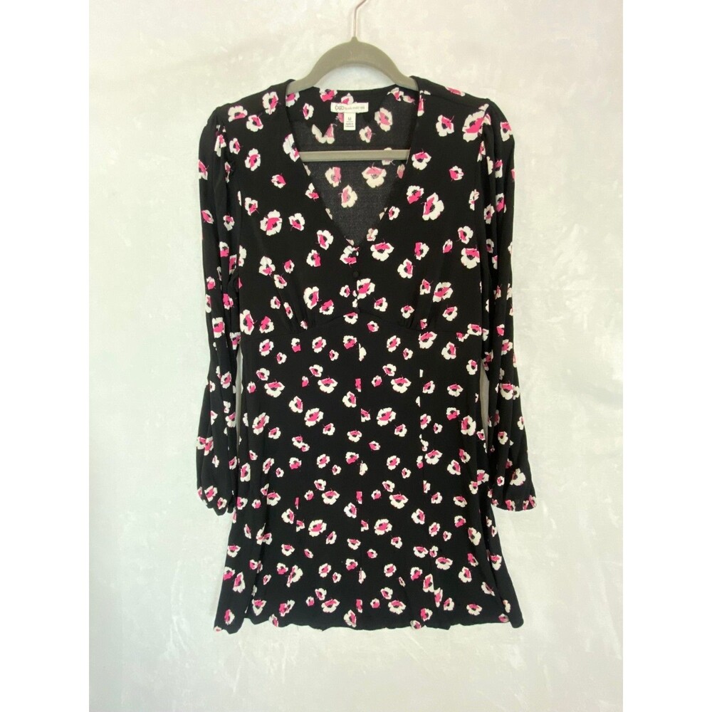 Cato Women's M Black Pink Floral Mini Dress Long Sleeve V Neck Empire Waist